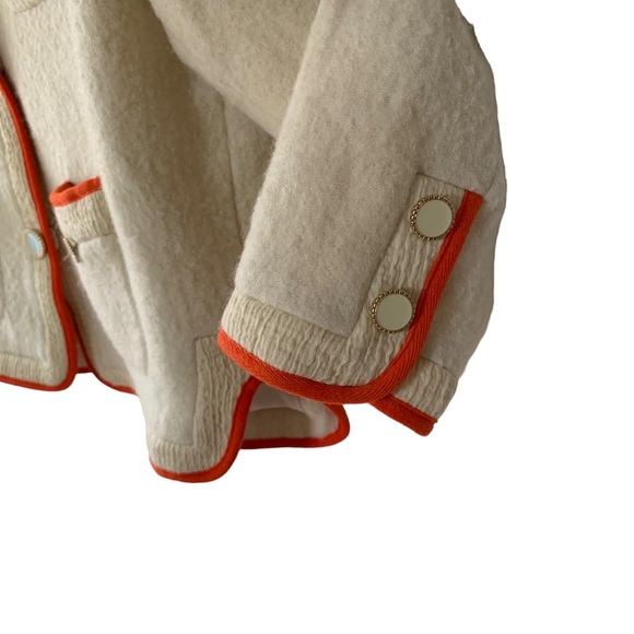 Pushbutton Boucle Cream With Orange Trim Snap Button Collarless Blazer Large - Picture 5 of 12